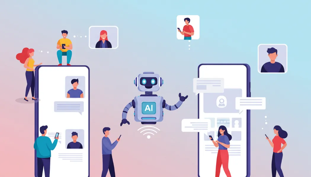 Illustration de personnes qui échangent des messages autour de deux smartphones
