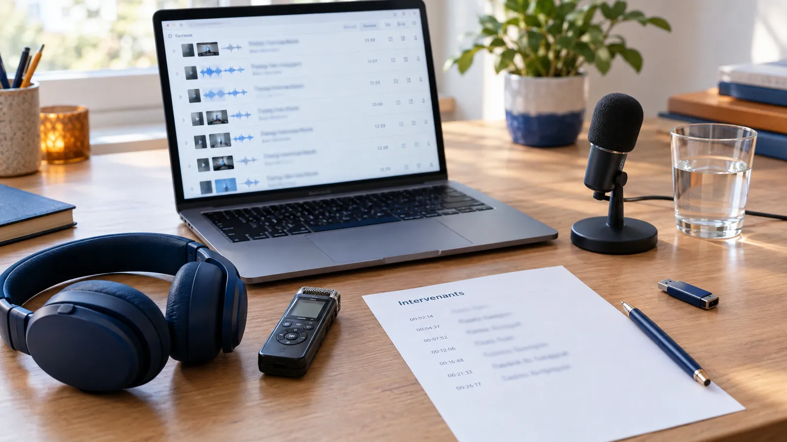 Ordinateur listant des fichiers audio et vidéo, dictaphone, micro, casque et liste des intervenants avec leurs repères temporels