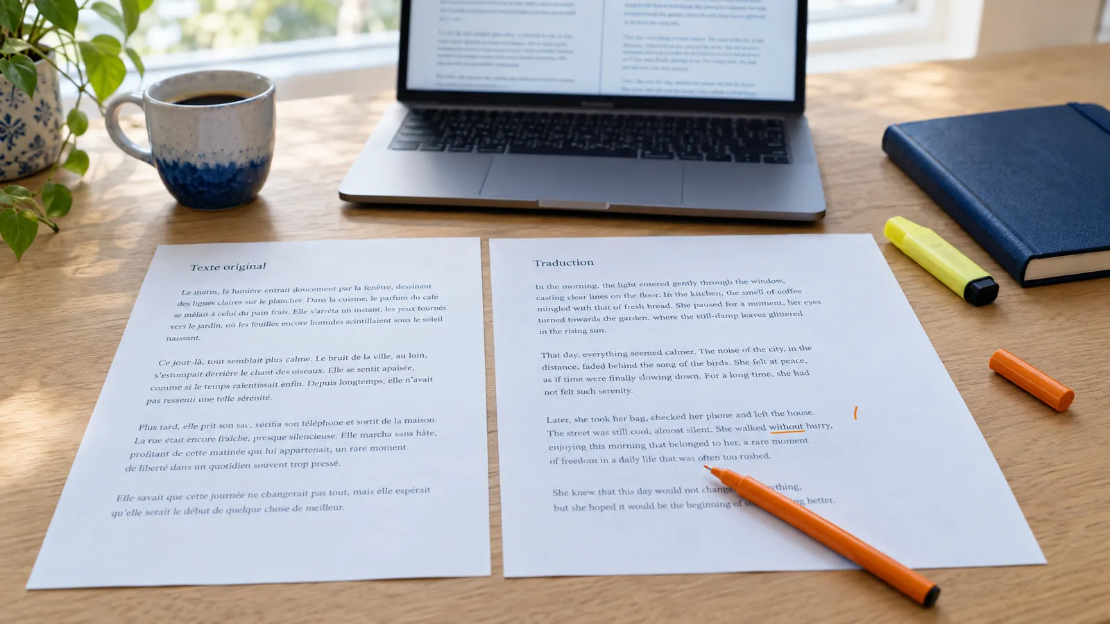 Texte original et sa traduction posés côte à côte sur un bureau, la traduction annotée au feutre orange