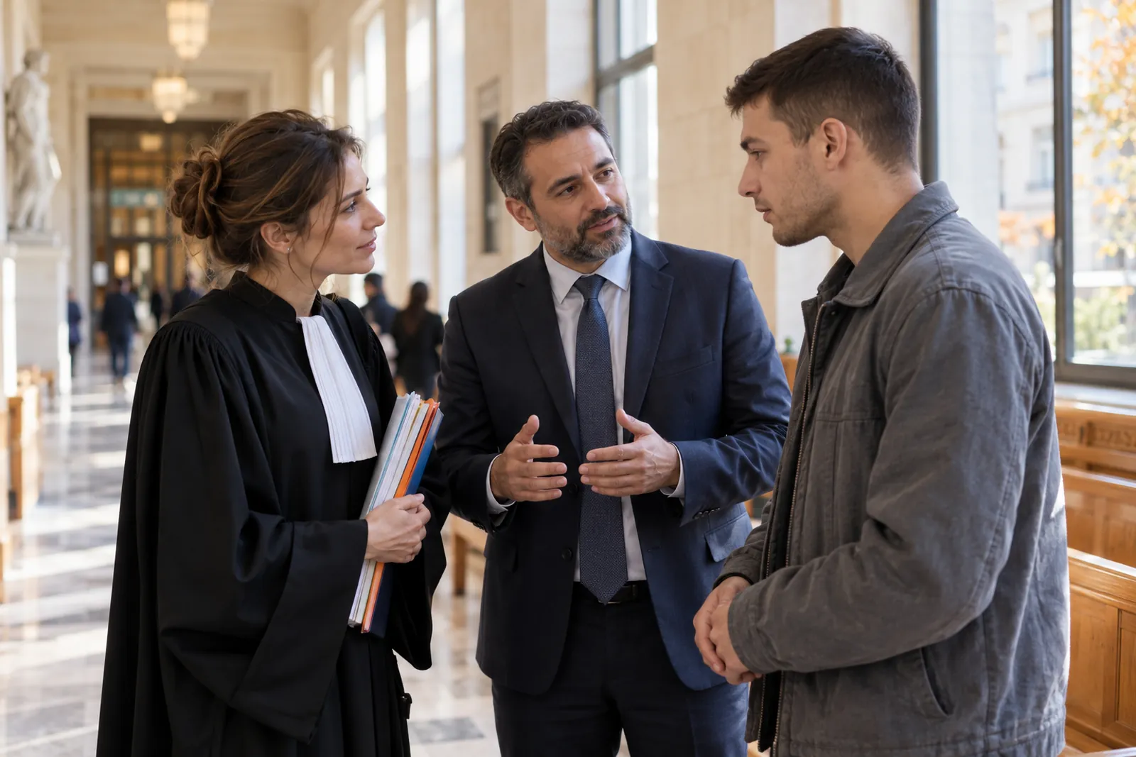 Avocate, client et interprète échangeant dans le couloir d'un tribunal