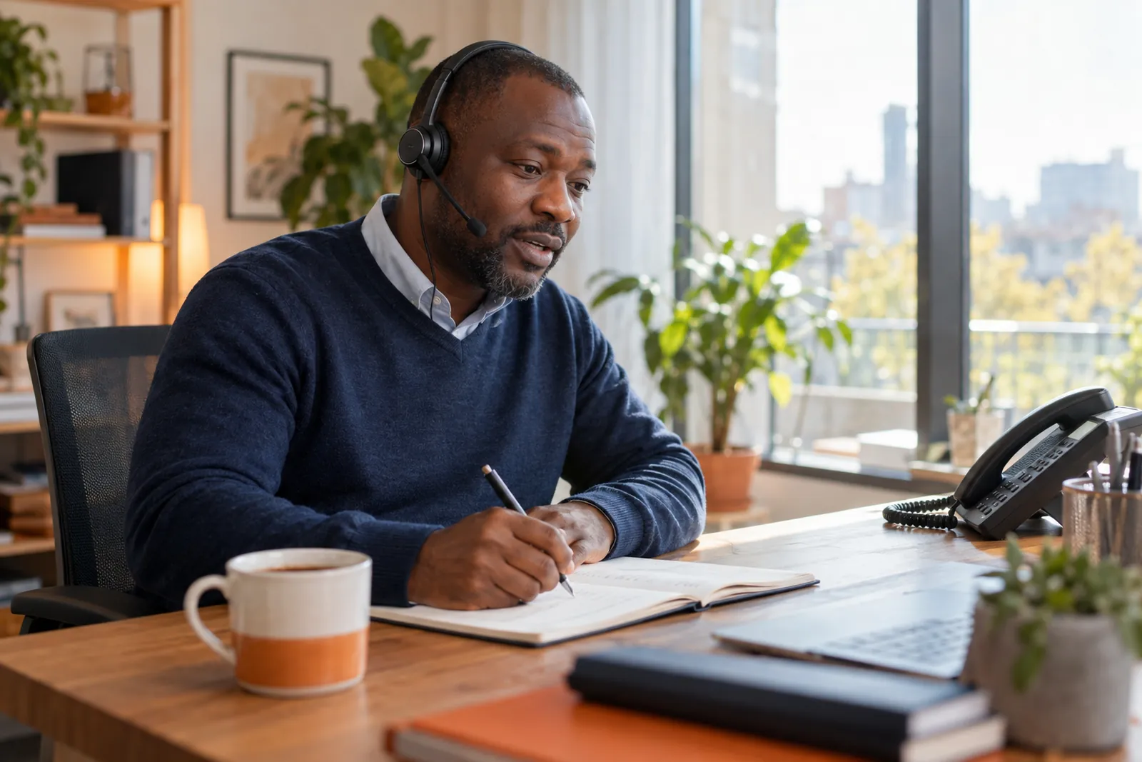 Interprète au téléphone avec casque et carnet de notes