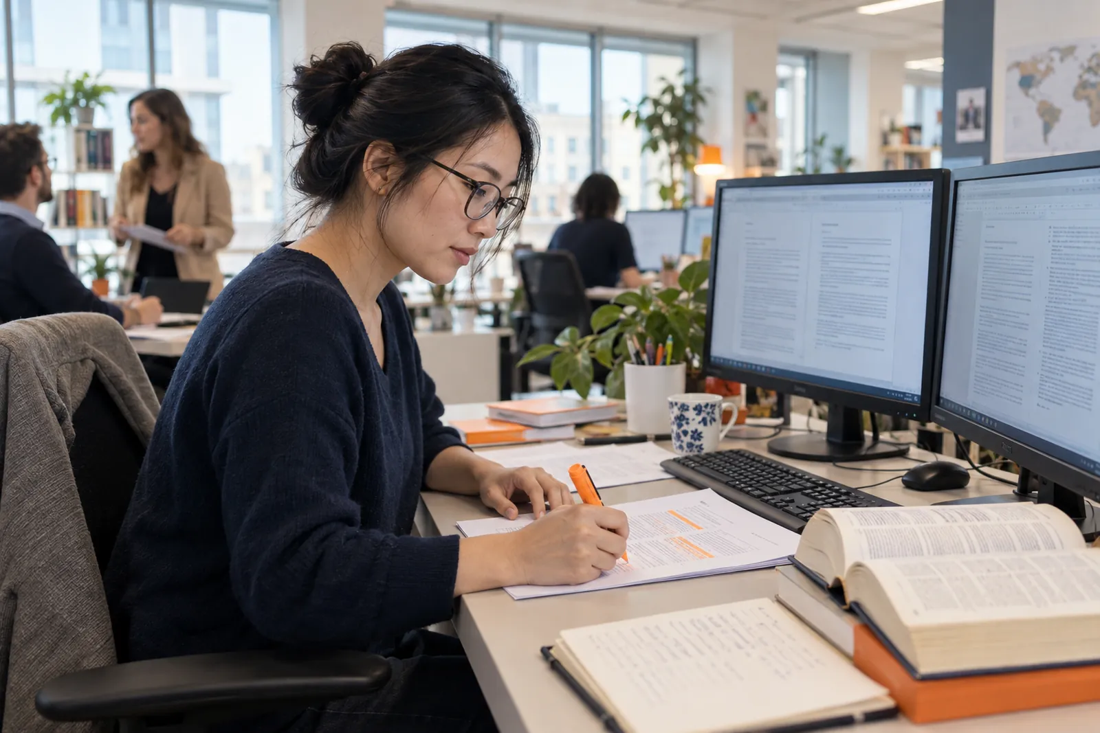 Traductrice relisant un contrat annoté devant deux écrans