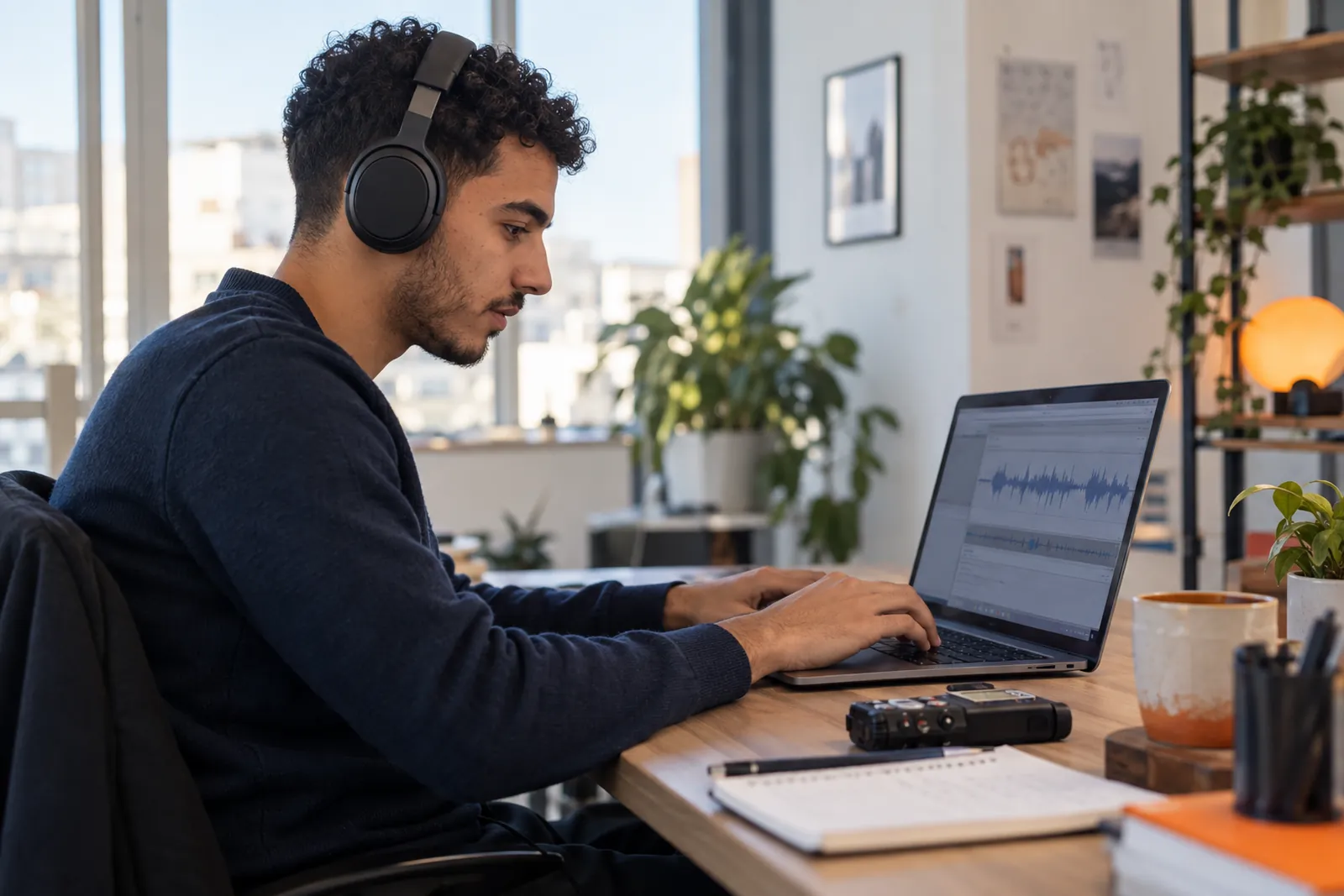 Transcripteur avec casque audio devant l'onde sonore d'un entretien