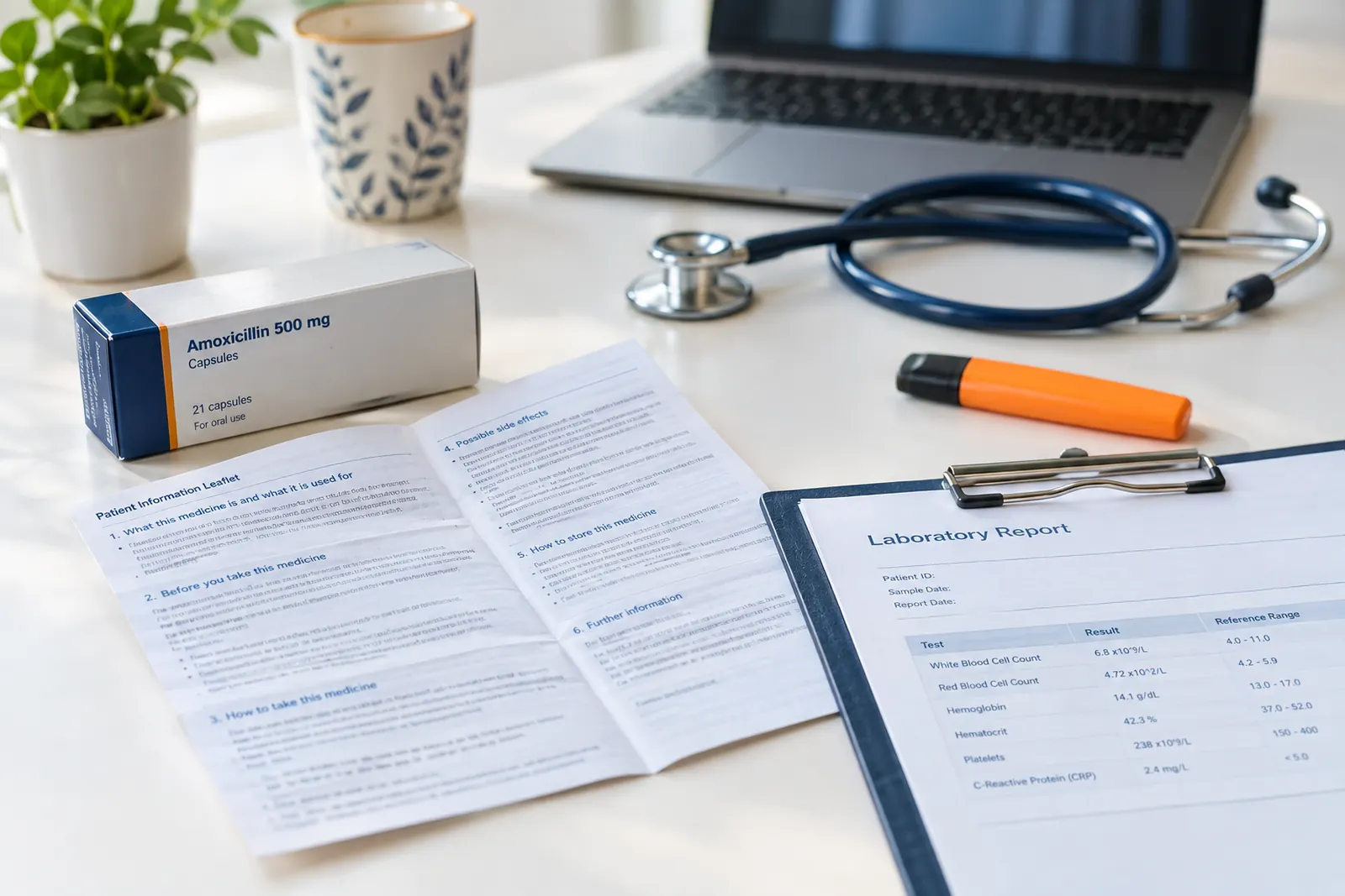 Notice de médicament, compte rendu de laboratoire et stéthoscope